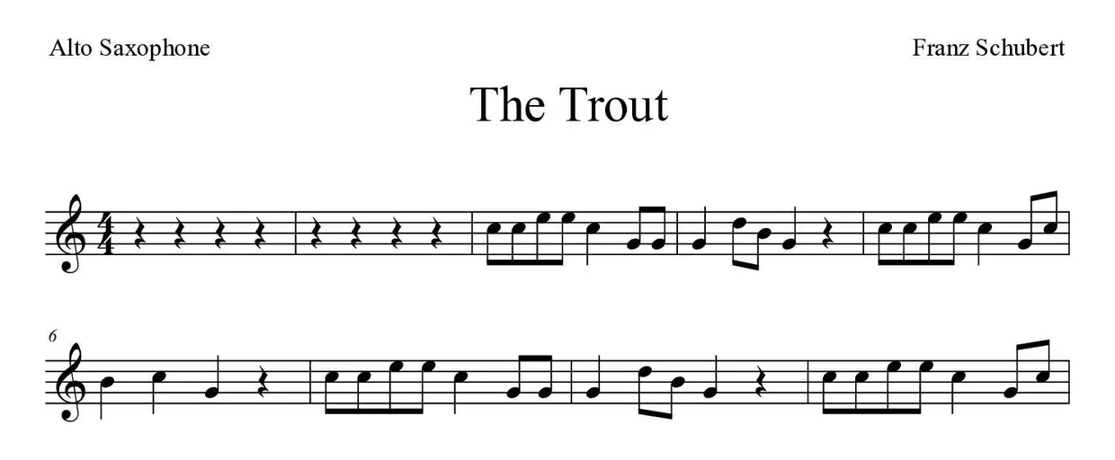 Bladmuziek van The Trout voor alto saxophone, eerste regels