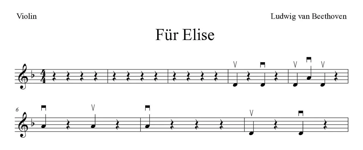 Partitura de Für Elise para violín, primeras líneas