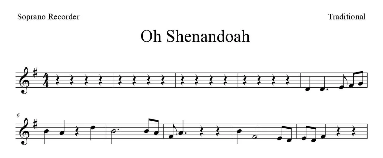 Partitura de Oh Shenandoah para flauta de bisel, primeiras linhas