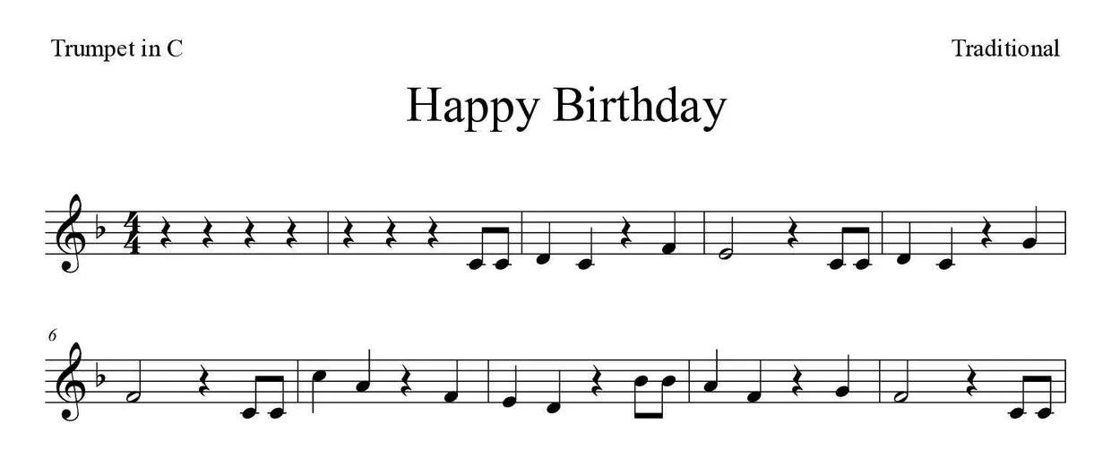 Sheet music of Happy Birthday for trumpet in C (Medium), first lines