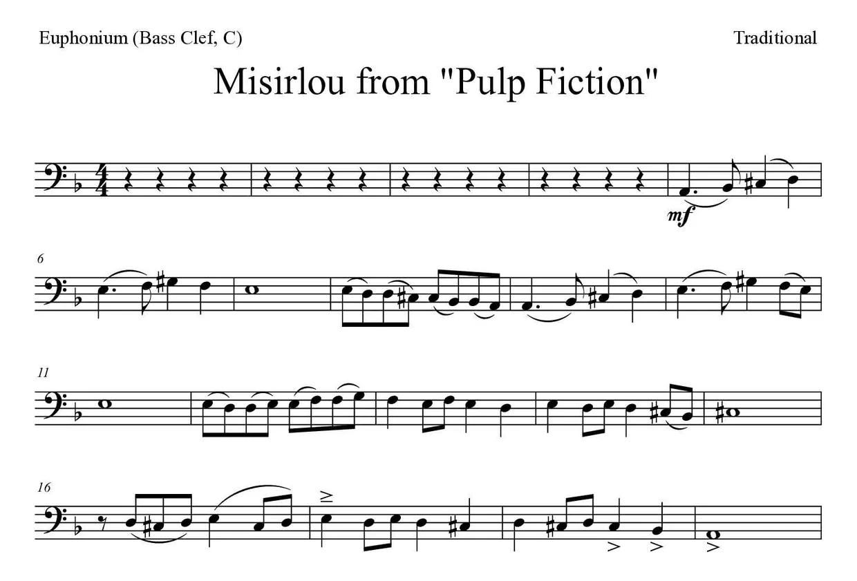 《Misirlou》 选自电影 《黑色追緝令》上低音号（低音谱号，C）乐谱前几行