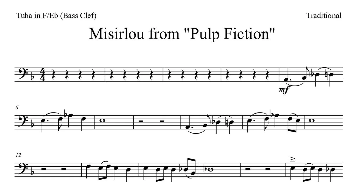 Partitura de Misirlou from "Pulp Fiction" para tuba en Fa/Mib (clave de Fa), primeras líneas