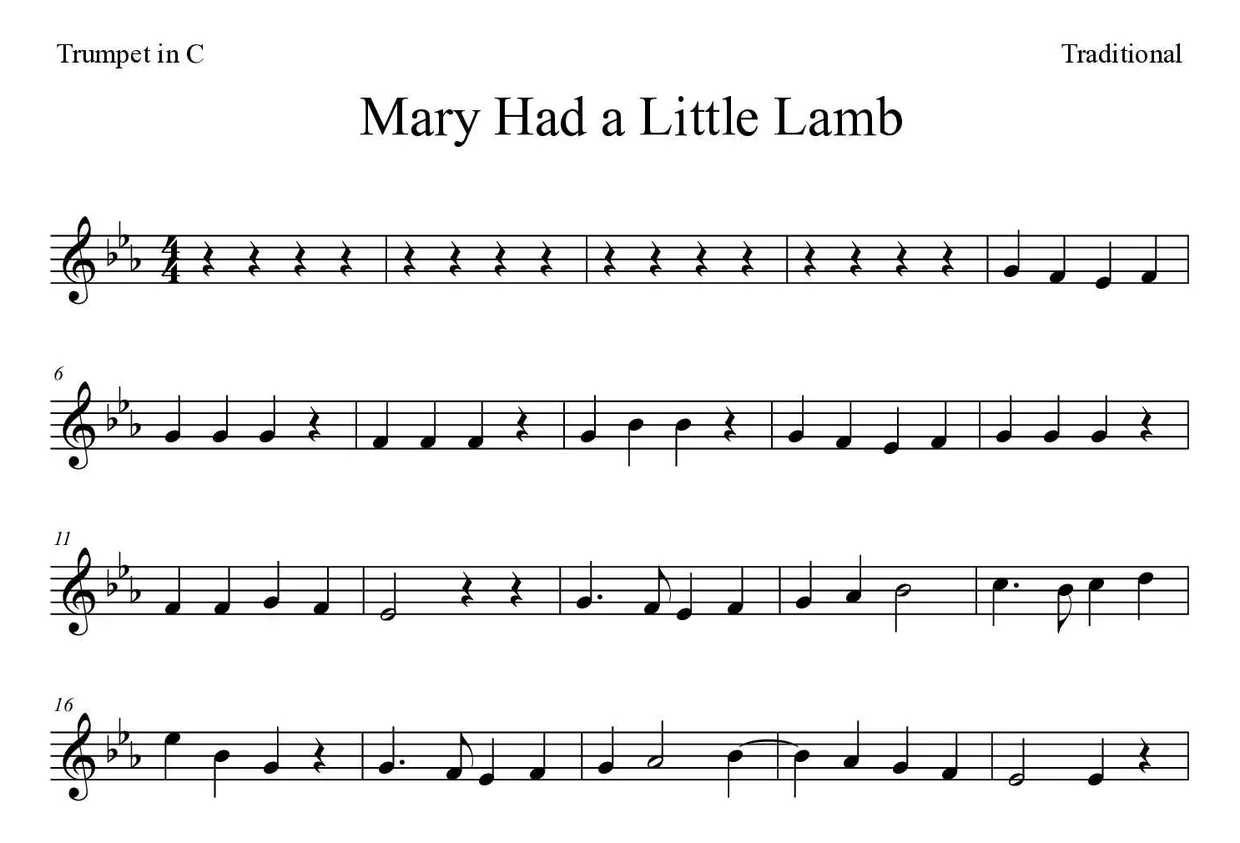‘Mary Had a Little Lamb’ Trumpet in C 악보의 첫 몇 줄