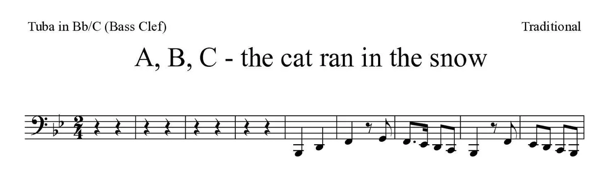 Partitura de A, B, C - the cat ran in the snow para tuba em Sib/Do (clave de Fa), primeiras linhas