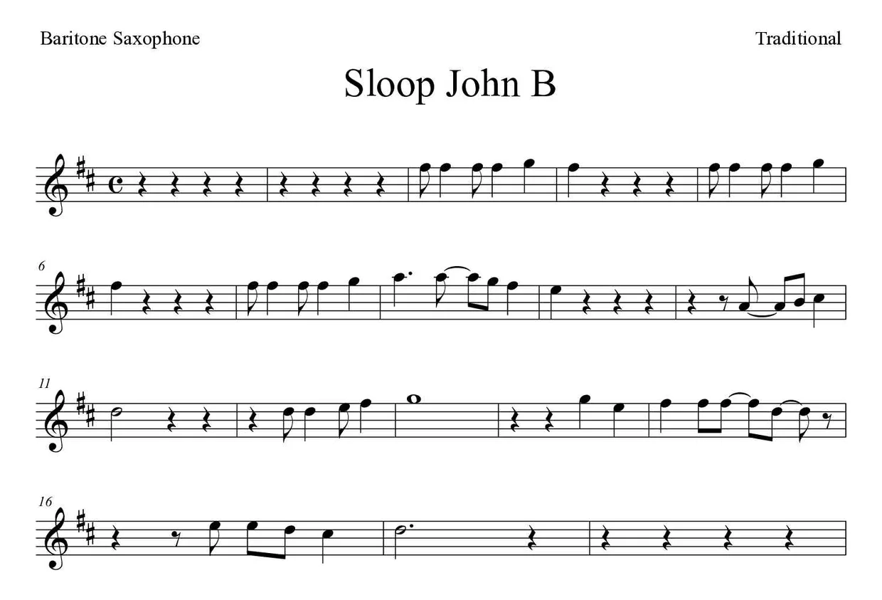 Noten von Sloop John B für Baritonsaxophon (Mittel), erste Zeilen
