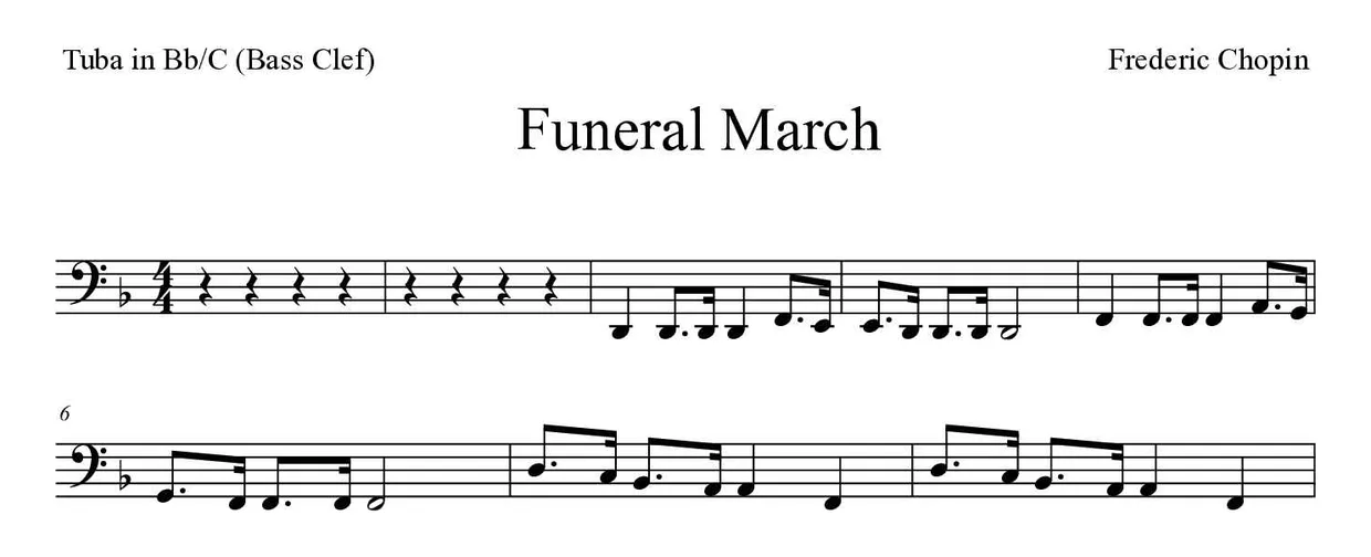 「Funeral March」Tuba in Bb/C (Bass Clef)用楽譜の最初の数段