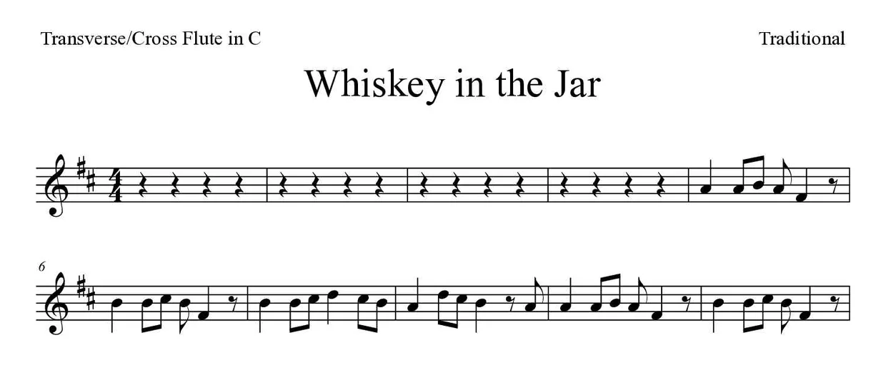 「Whiskey in the Jar」Flute用楽譜の最初の数段
