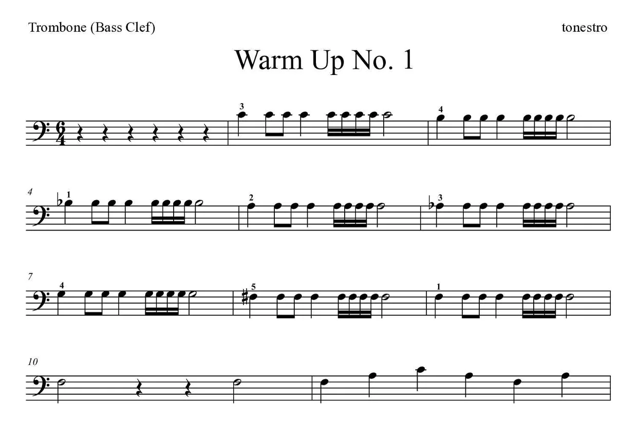 Partitura de Warm Up No. 1 para trombone, primeiras linhas