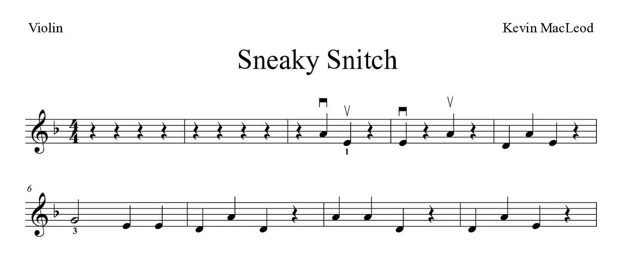 Sheet music of Sneaky Snitch for violin (Medium), first lines