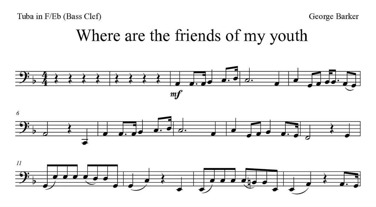 Partitura de Where are the friends of my youth para tuba em Fá/Mib (clave de Fa), primeiras linhas