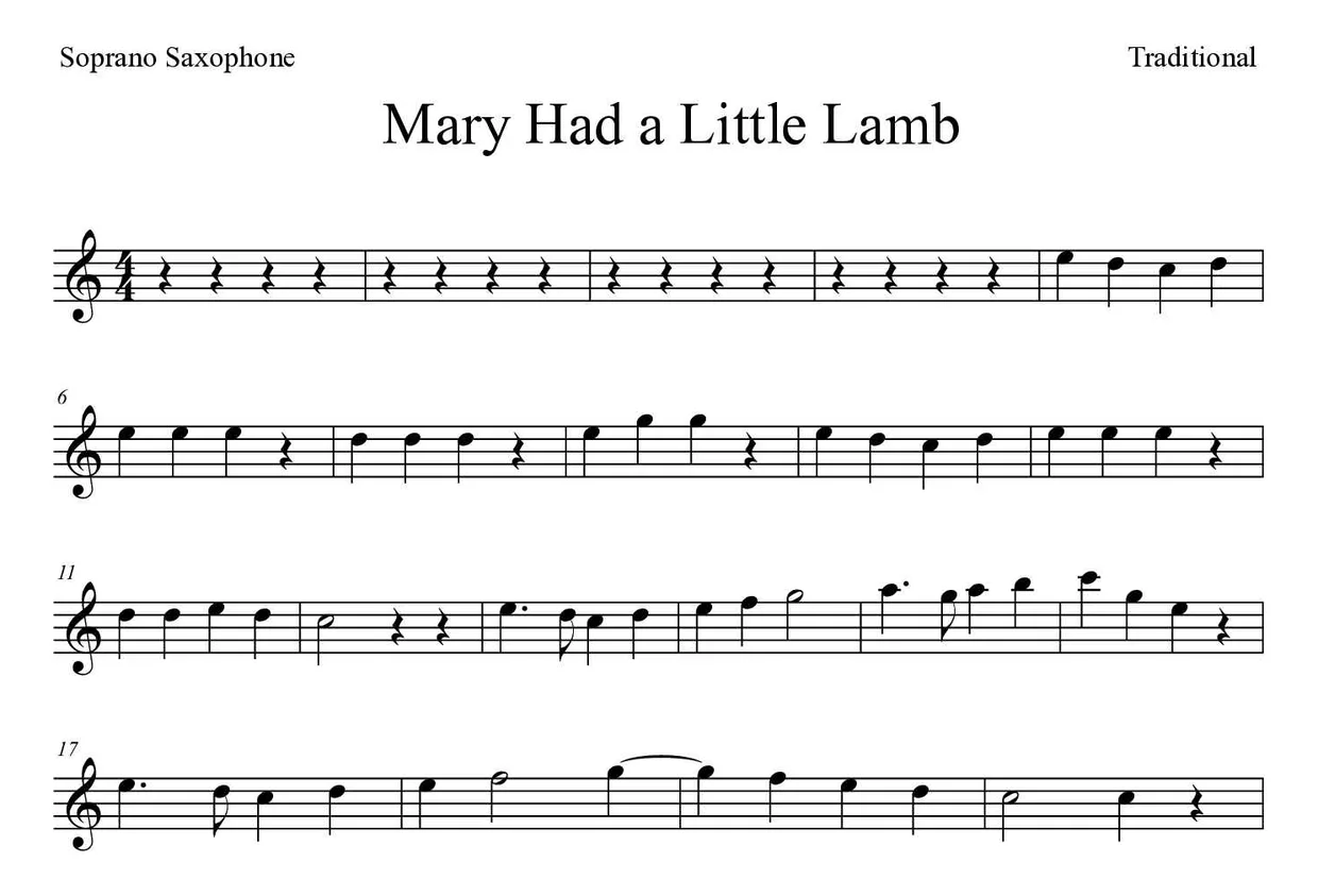Partitura de Mary Had a Little Lamb para saxofón soprano, primeras líneas