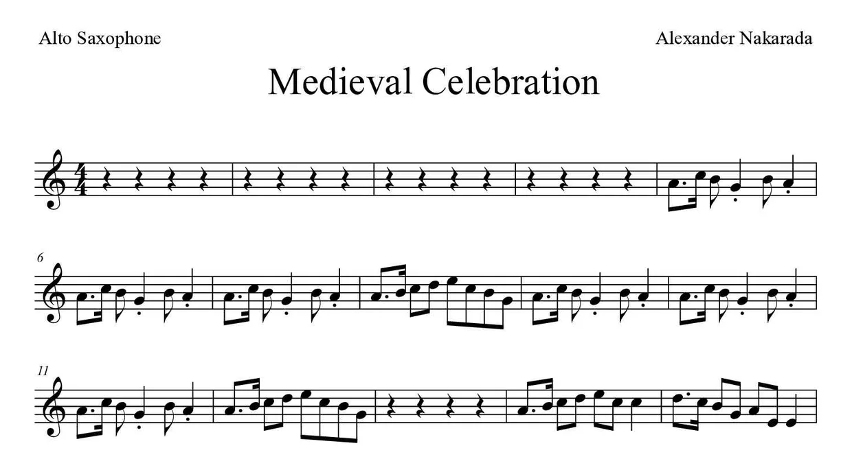 Bladmuziek van Medieval Celebration voor alto saxophone, eerste regels