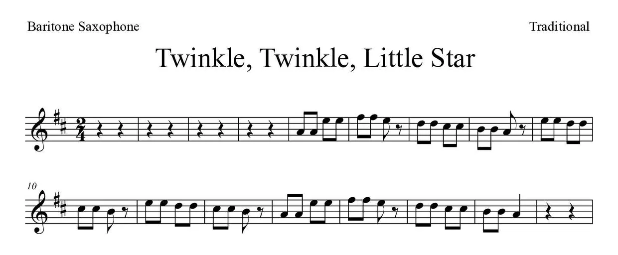 Noten von Twinkle, Twinkle, Little Star für Baritonsaxophon (Mittel), erste Zeilen