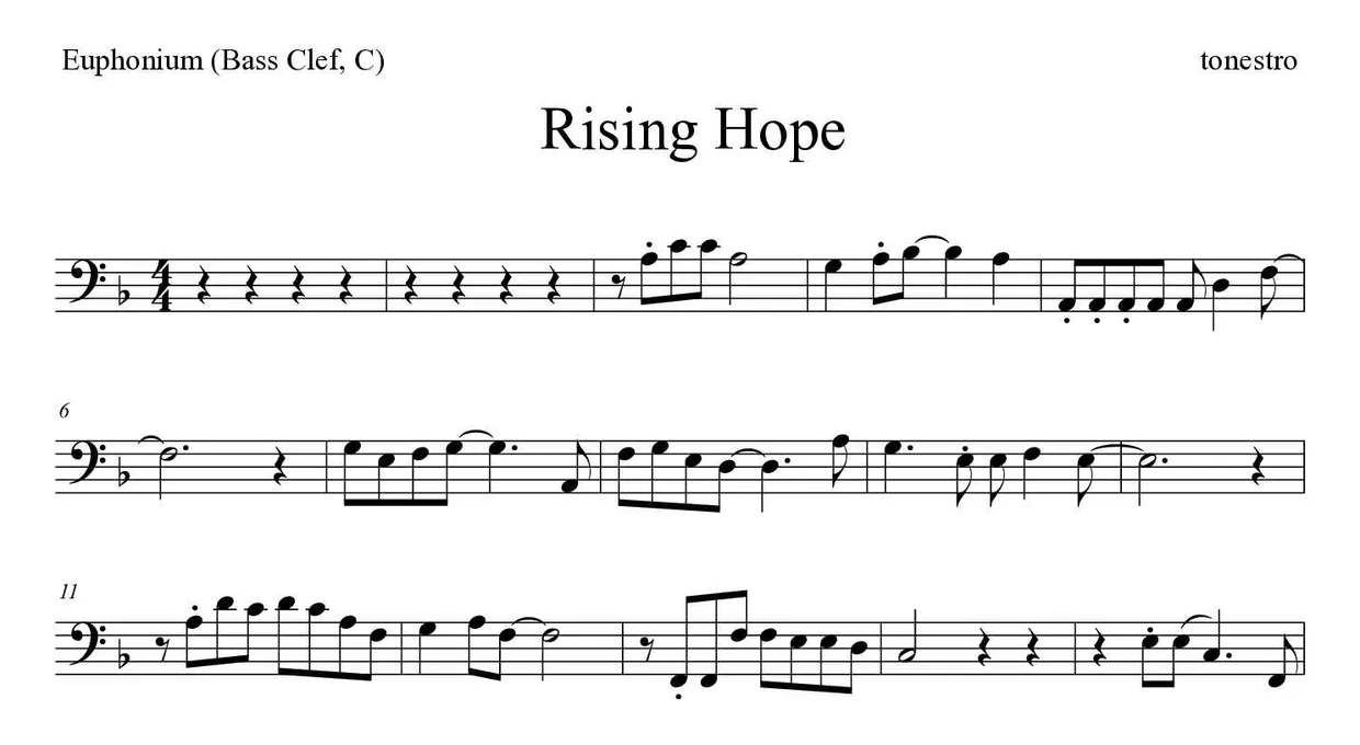 Bladmuziek van Rising Hope voor euphonium (bass clef, C), eerste regels