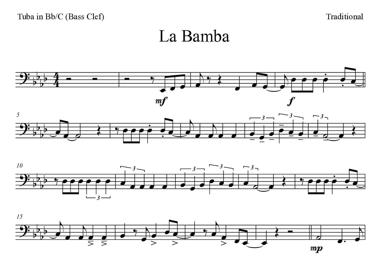 Spartito di La Bamba per tuba in Bb/C (bass clef), prime righe