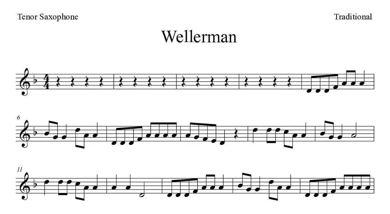 Spartito di Wellerman per tenor saxophone, prime righe