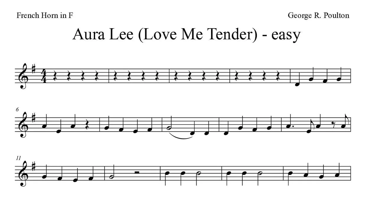 Spartito di Aura Lee per French horn, prime righe