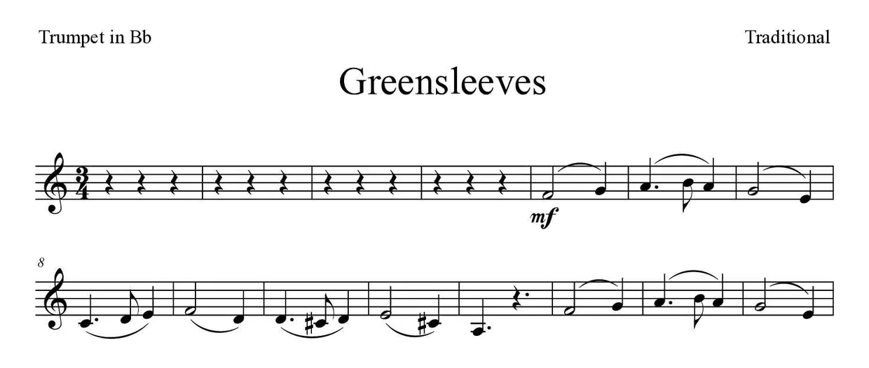 Partitura de Greensleeves para trompeta en Sib, primeras líneas