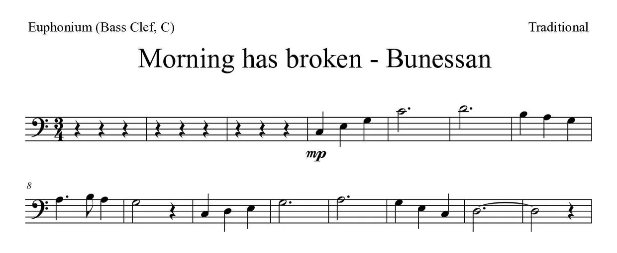 Sheet music of Morning has broken - Bunessan for euphonium (bass clef, C) (Medium), first lines