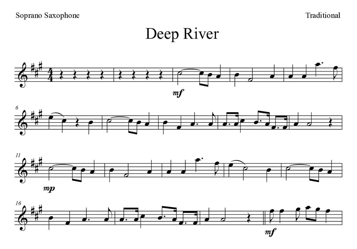 Spartito di Deep River per soprano saxophone, prime righe