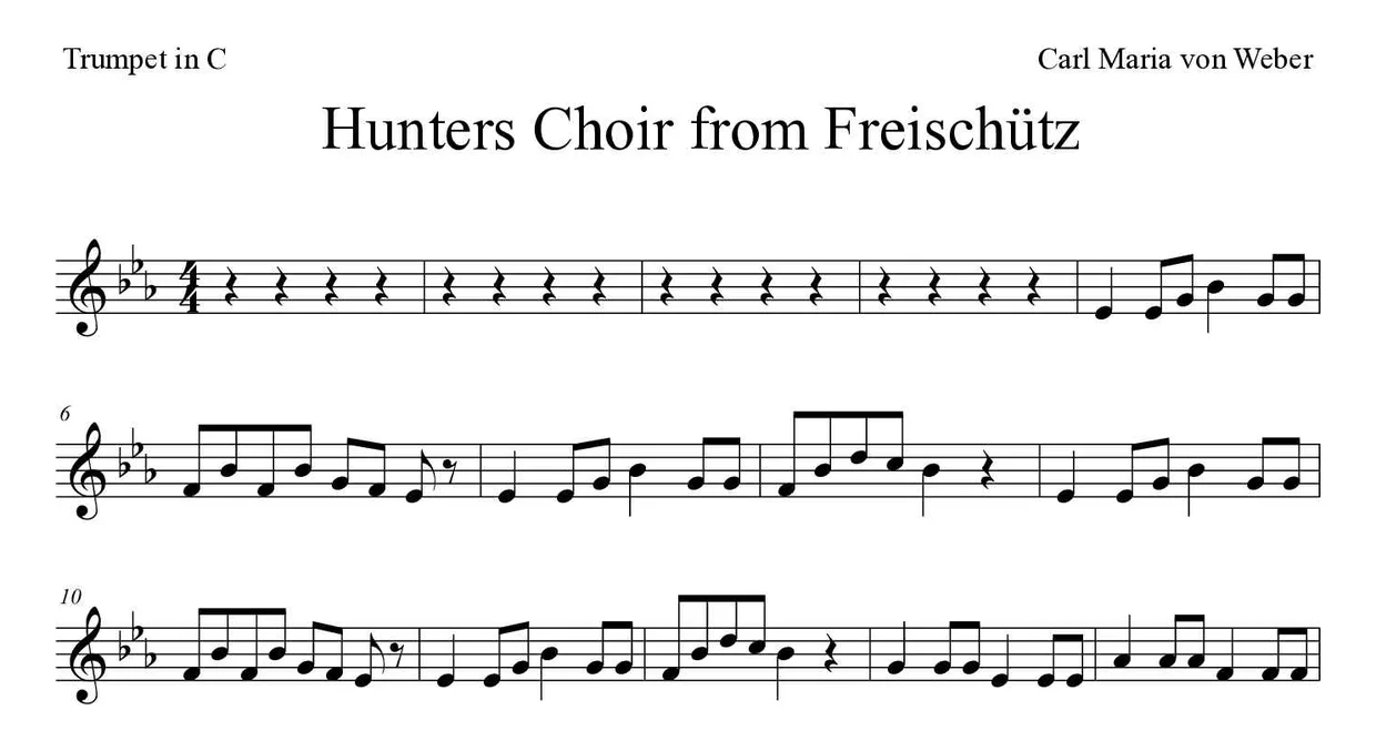 ‘Hunters Choir from Freischütz’ Trumpet in C 악보의 첫 몇 줄