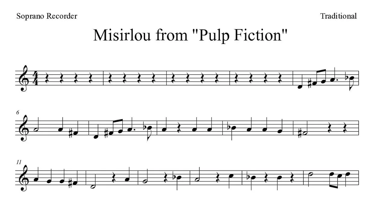 Partition de Misirlou from "Pulp Fiction" pour flûte à bec, premières lignes