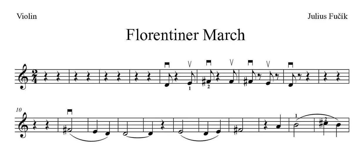 Sheet music of Florentiner March for violin (Medium), first lines