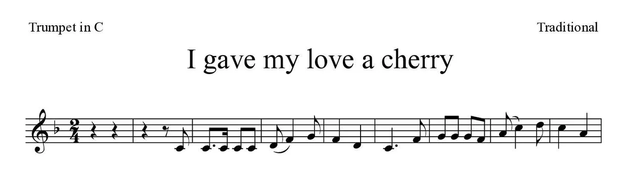 Sheet music of I gave my love a cherry for trumpet in C (Medium), first lines