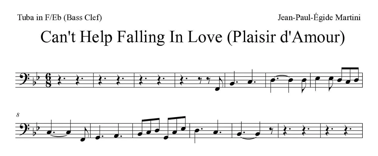 Partitura de Can't Help Falling In Love (Plaisir d'Amour) para tuba em Fá/Mib (clave de Fa), primeiras linhas