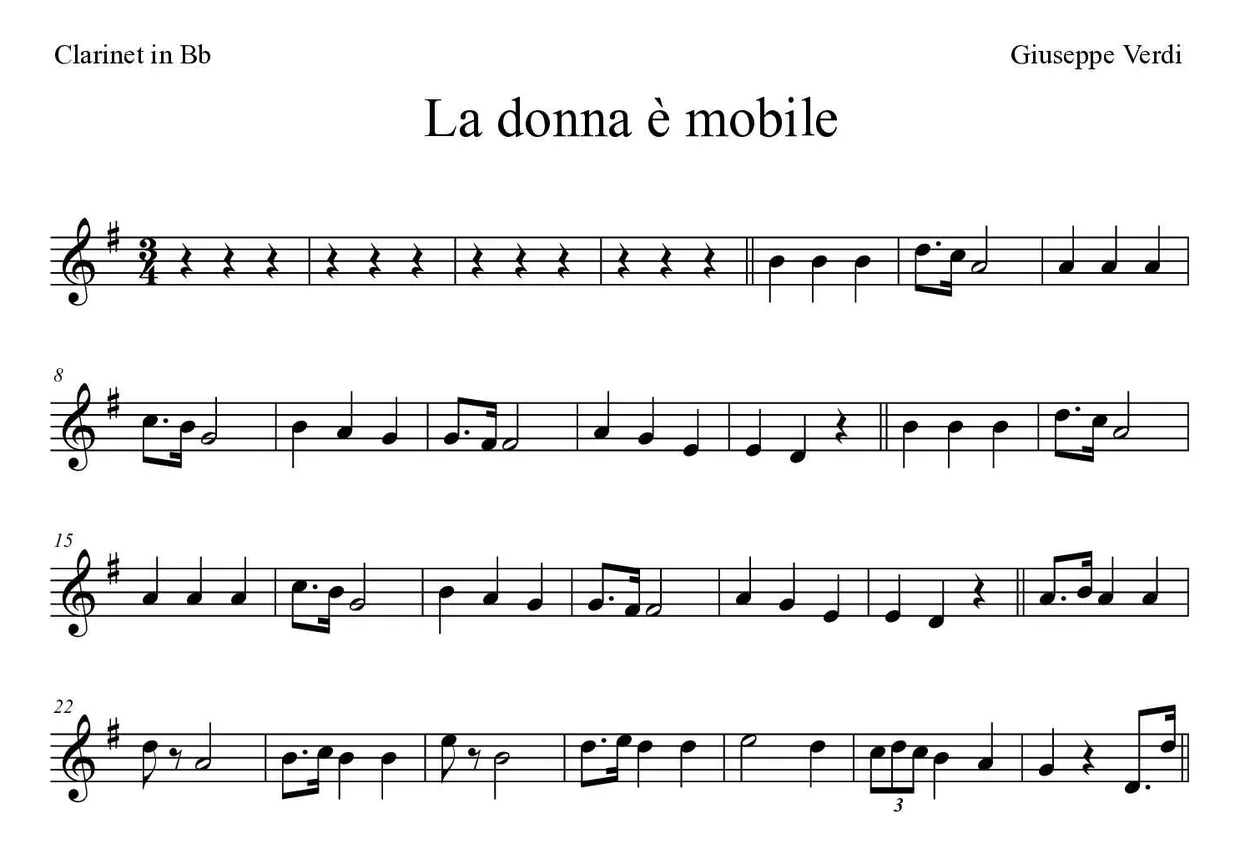 ‘La donna è mobile’ Clarinet 악보의 첫 몇 줄