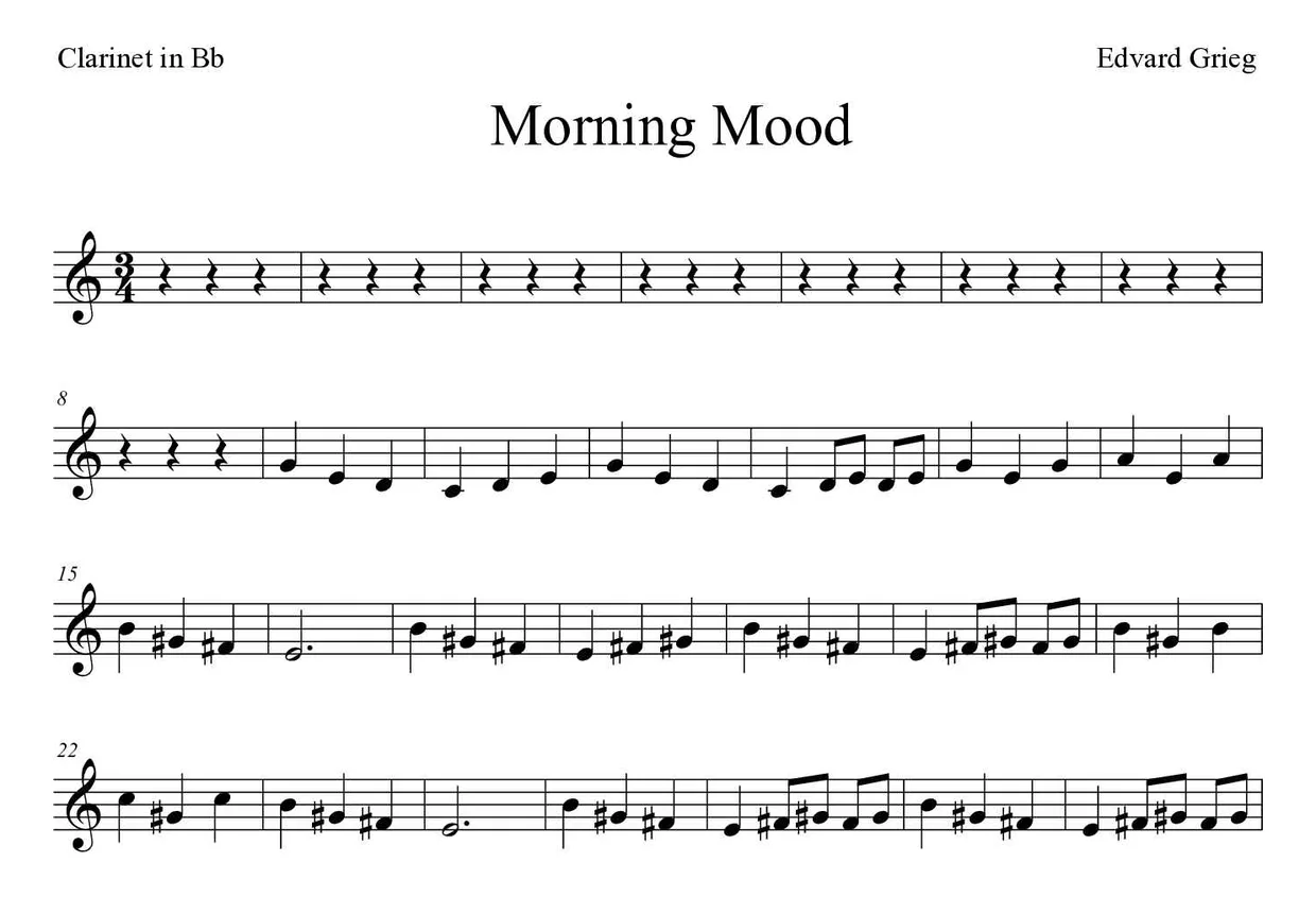 Partitura de Morning Mood para clarinete, primeiras linhas