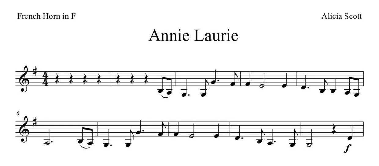 Sheet music of Annie Laurie for French horn (Easy), first lines
