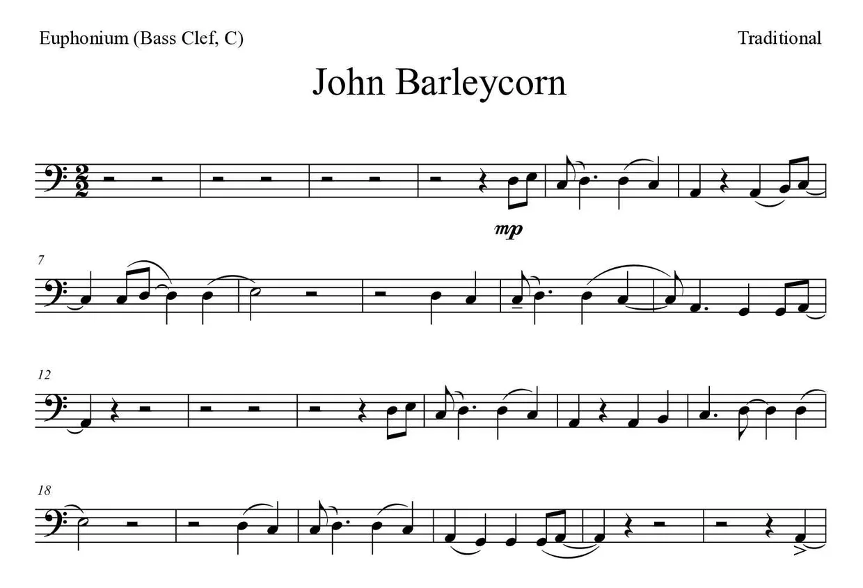 Sheet music of John Barleycorn for euphonium (bass clef, C) (Expert), first lines