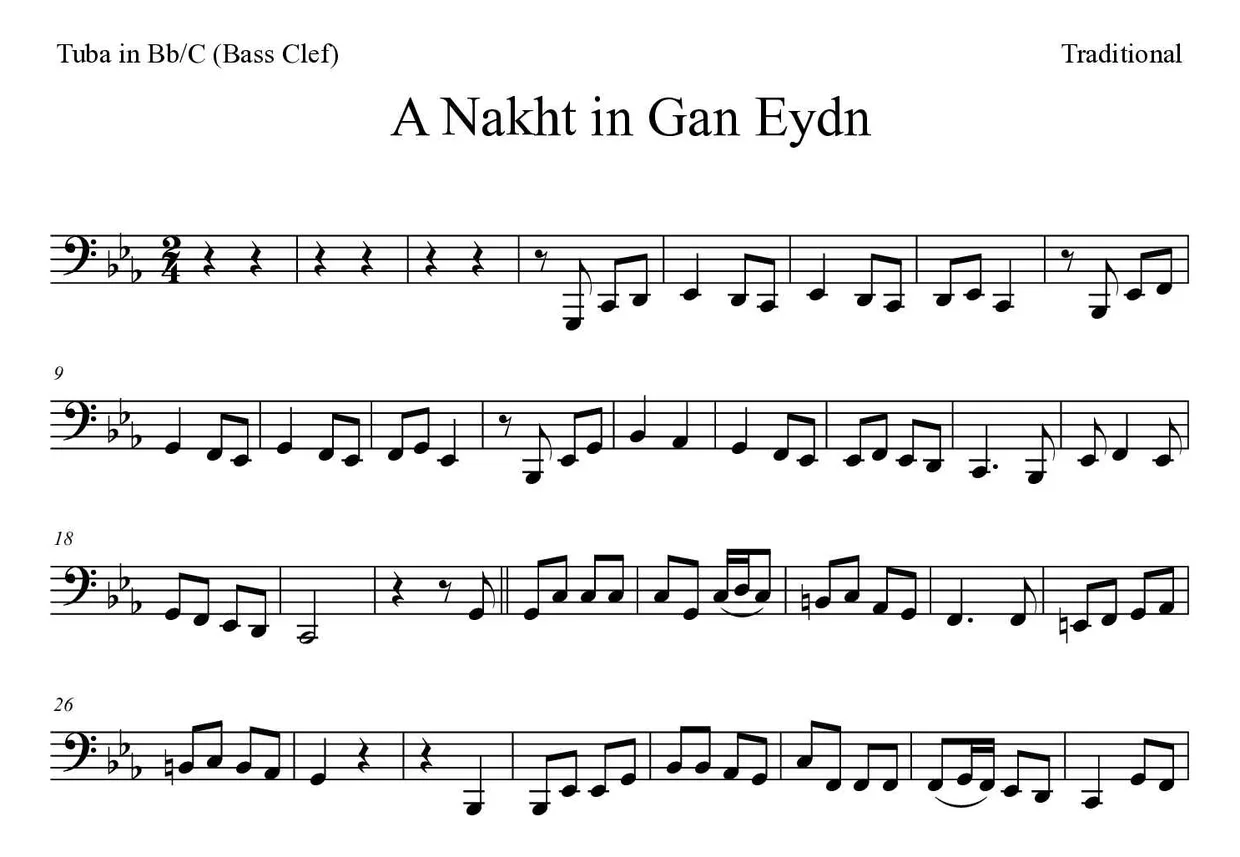 Partition de A Nakht in Gan Eydn pour tuba en si bémol/do (clé de fa), premières lignes