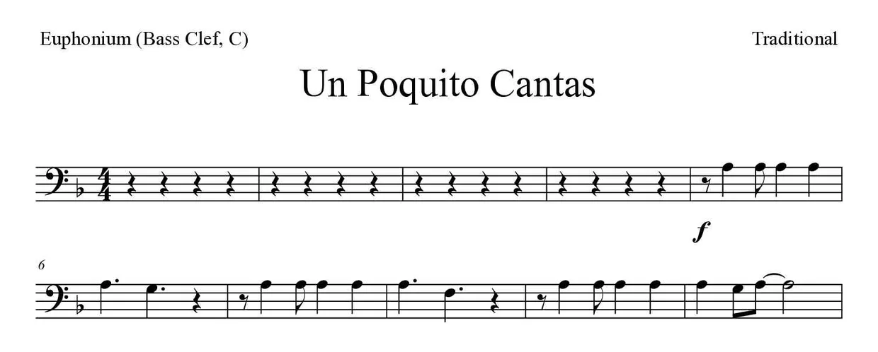 「Un Poquito Cantas」Euphonium (Bass Clef, C)用楽譜の最初の数段