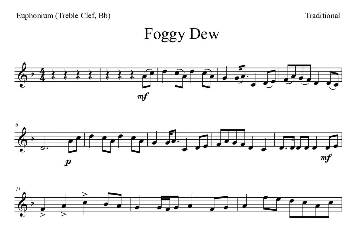 Partitura de Foggy Dew para bombardino (clave de Sol, Sib), primeras líneas