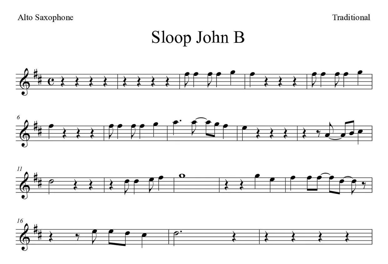 Sheet music of Sloop John B for alto saxophone (Medium), first lines
