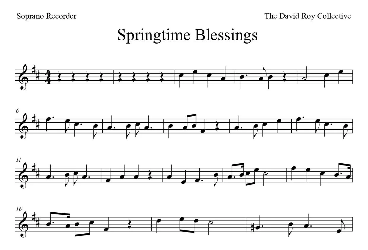 Partitura de Springtime Blessings para flauta dulce, primeras líneas