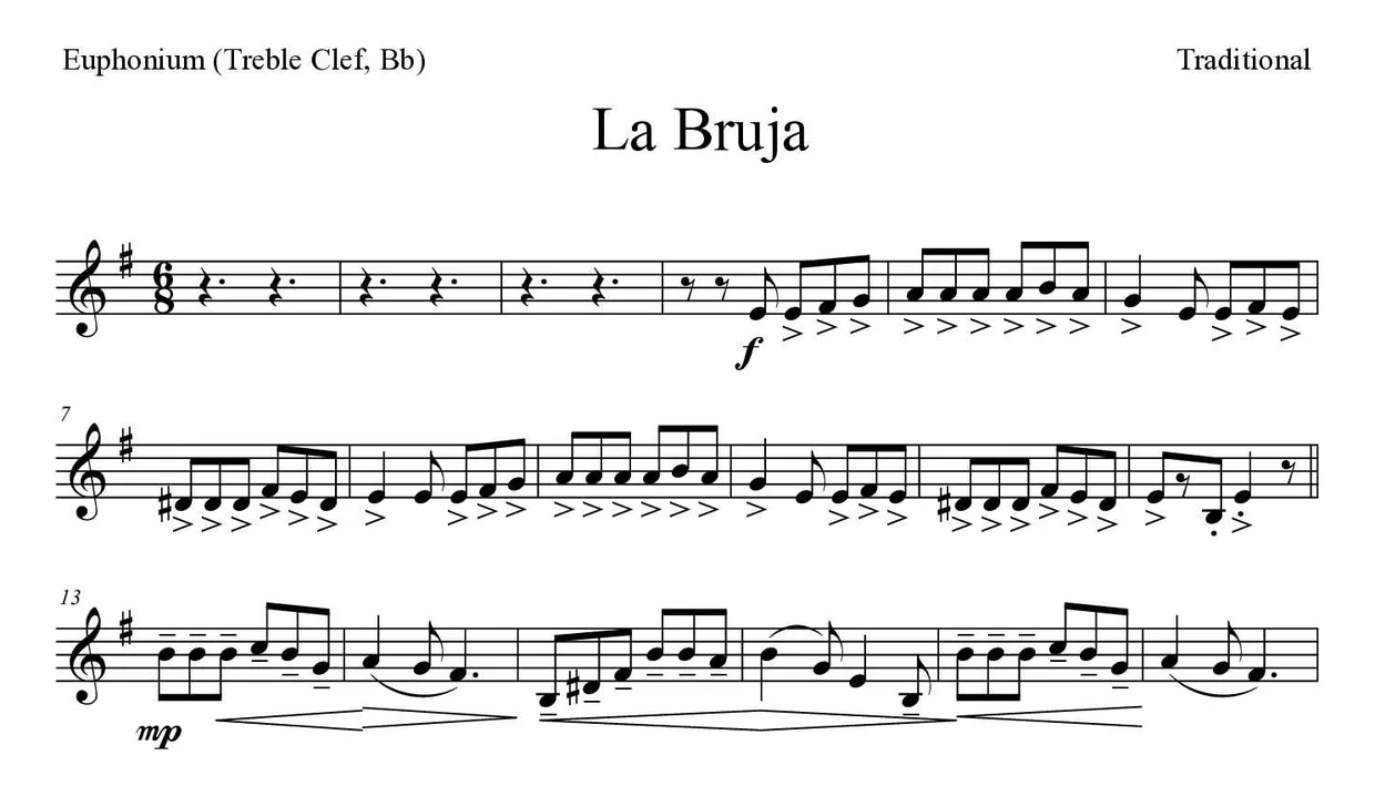 Partition de La Bruja pour euphonium (clé de sol, si bémol), premières lignes