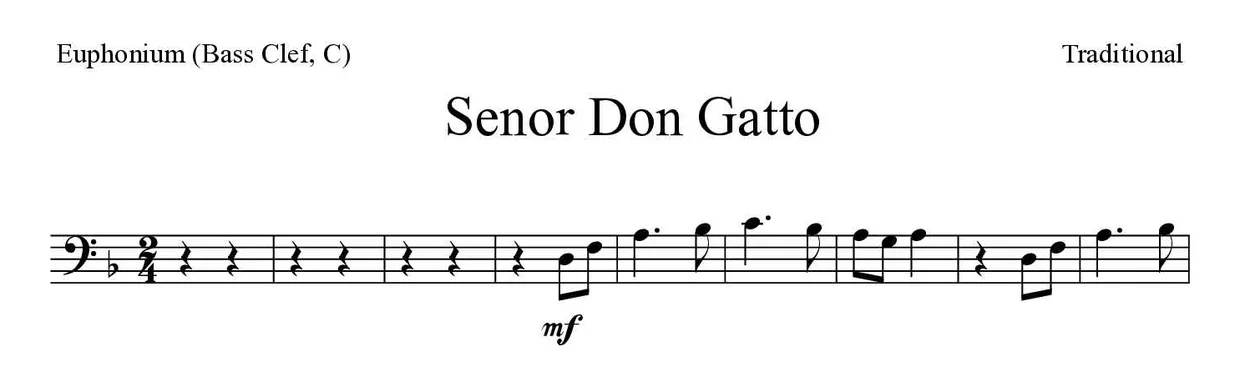 「Senor Don Gatto」Euphonium (Bass Clef, C)用楽譜の最初の数段