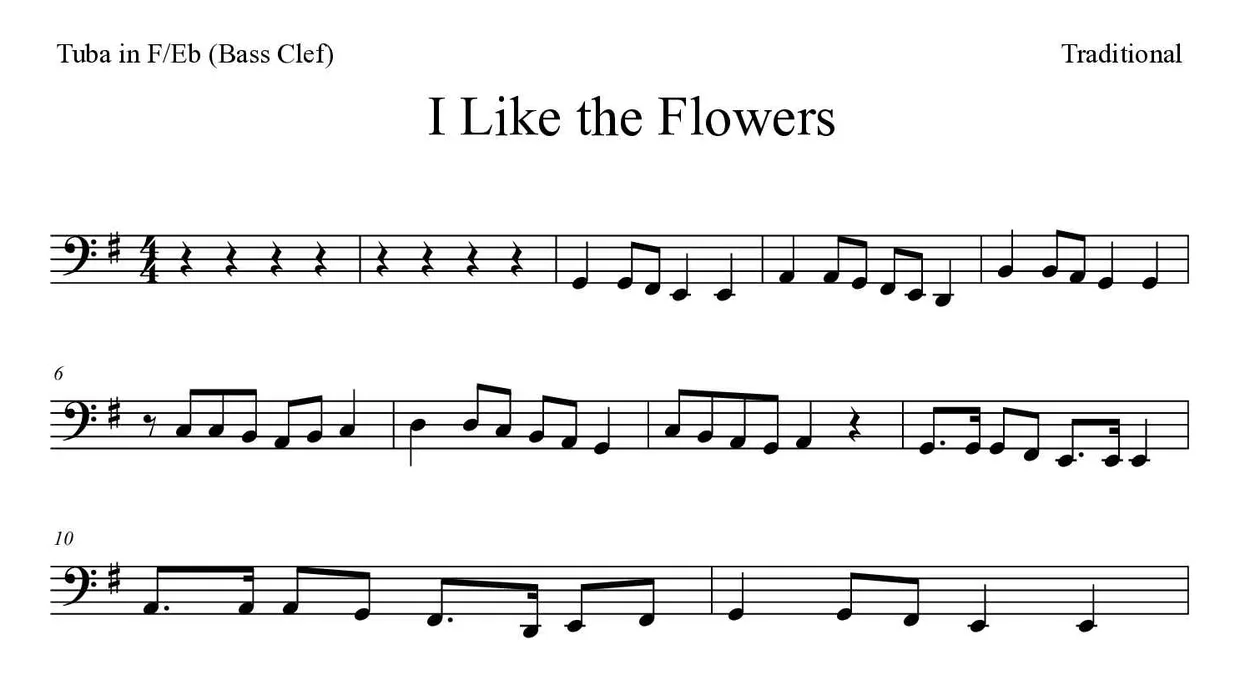 Partitura de I Like the Flowers para tuba en Fa/Mib (clave de Fa), primeras líneas