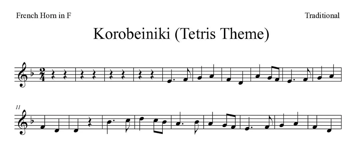 Partition de Korobeiniki (Tetris Theme) pour cor d'harmonie, premières lignes