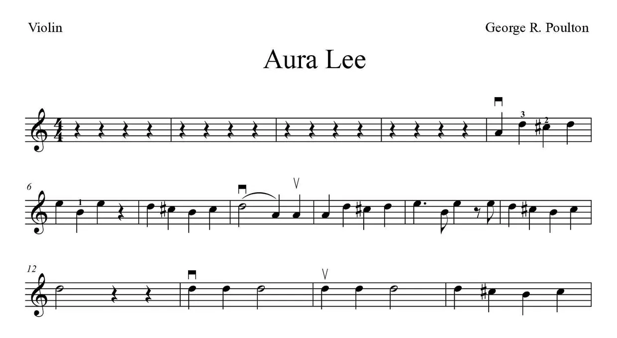 「Aura Lee」Violin用楽譜の最初の数段