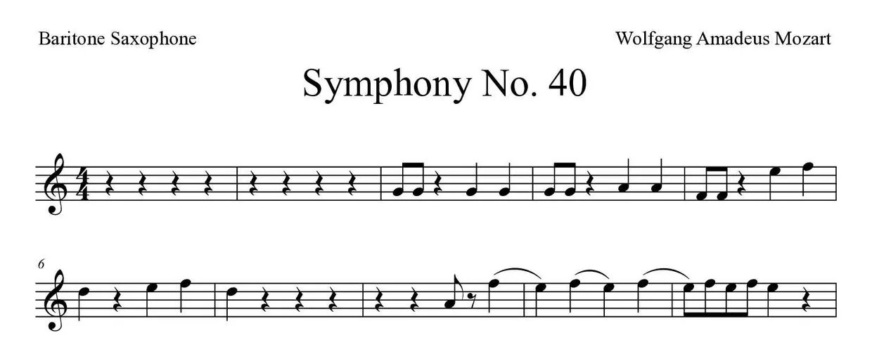 Partitura de Symphony No. 40 para saxofón barítono, primeras líneas