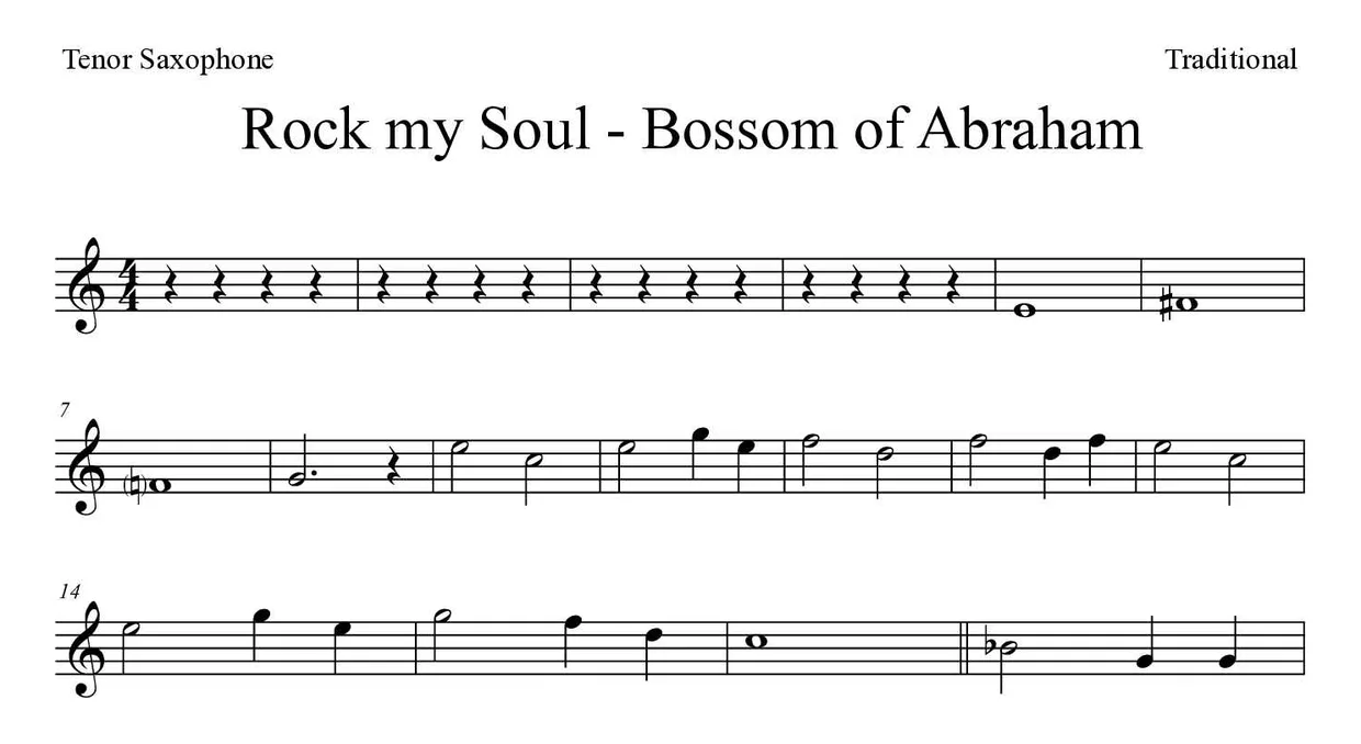 Sheet music of Rock my Soul - Bossom of Abraham for tenor saxophone (Easy), first lines