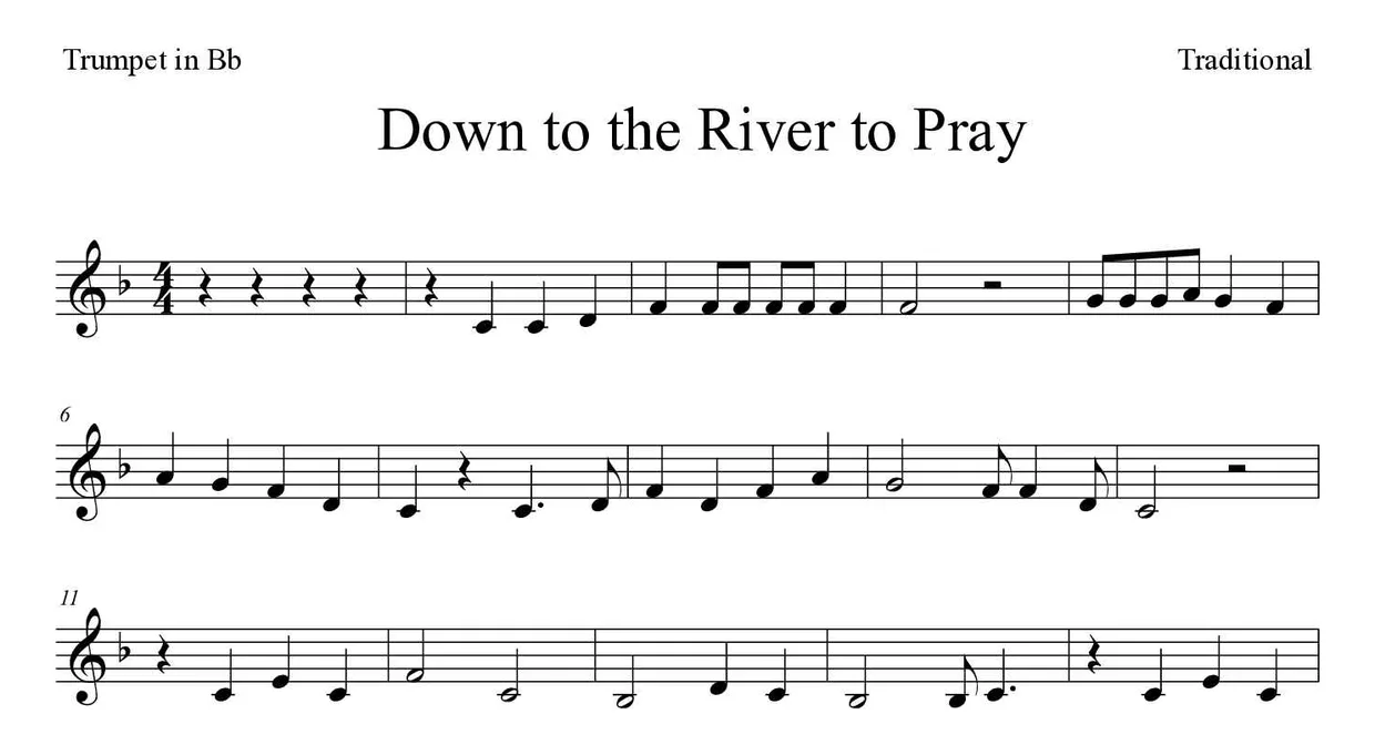 Partitura de Down to the River to Pray para trompete em Sib, primeiras linhas