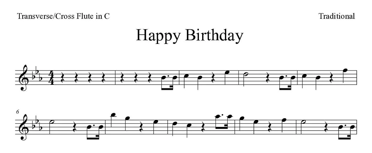 Partitura de Happy Birthday para flauta traversa, primeras líneas