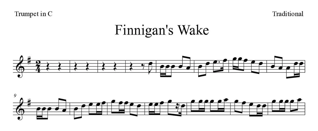 Partition de Finnigan's Wake pour trompette en do, premières lignes