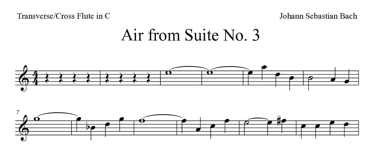 Partitura de Air from Suite No. 3 para flauta transversal, primeiras linhas