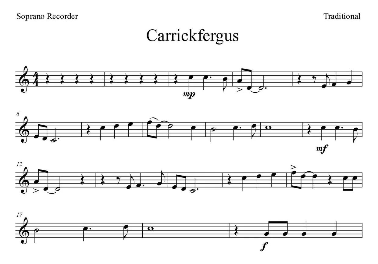 Noten von Carrickfergus für Blockflöte (Schwer), erste Zeilen